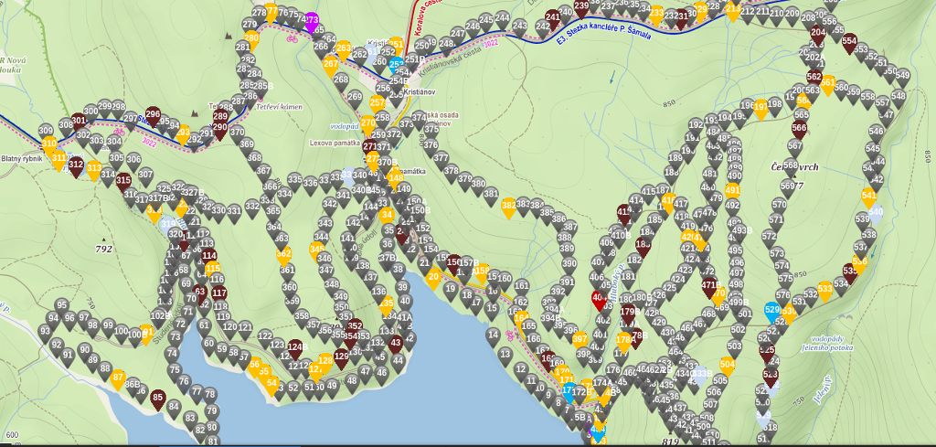 Mapa s obsazení budek v lesním prostředí Jizerských hor